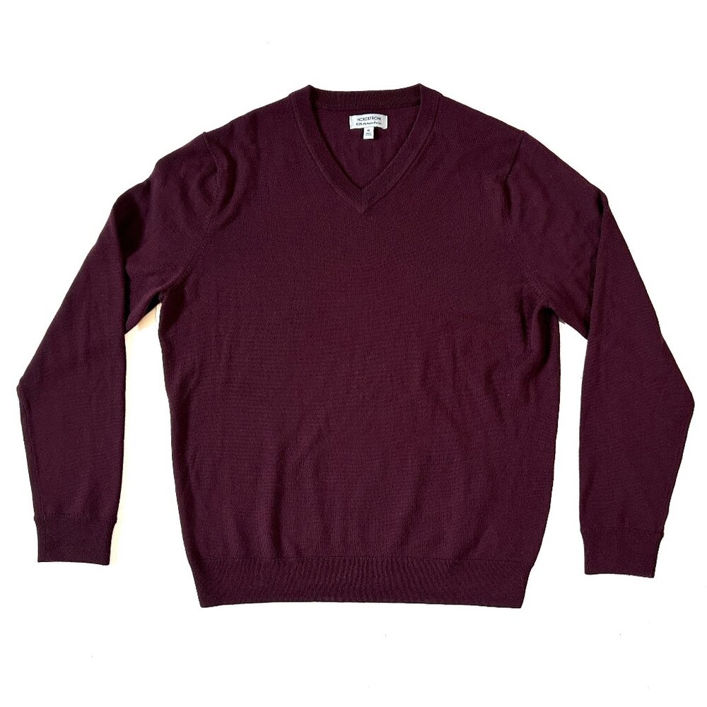 NORDSTROM 100% Washable Merino Wool Maroon V Neck Sweater Size XL Ribbed Cuff